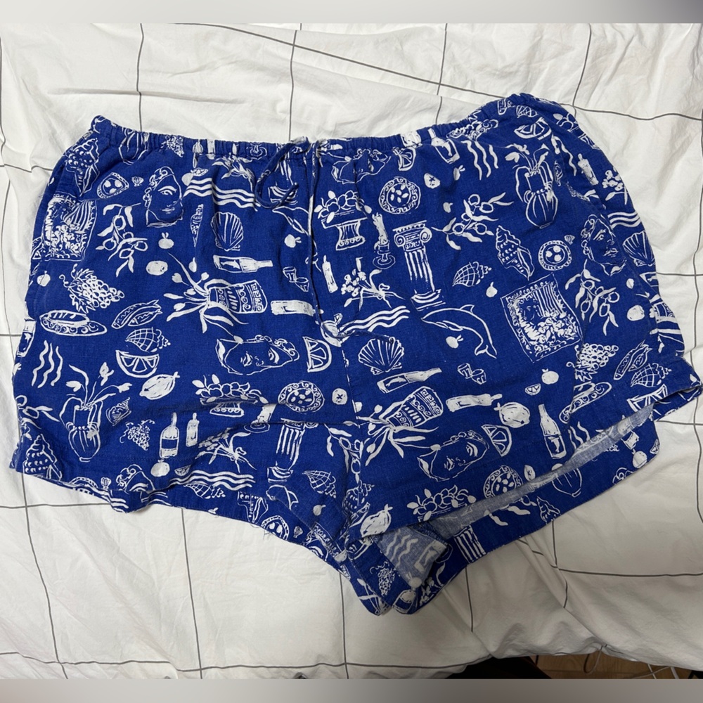 Madewell x Lisa Says Gah Blue and White Patterned Shorts
